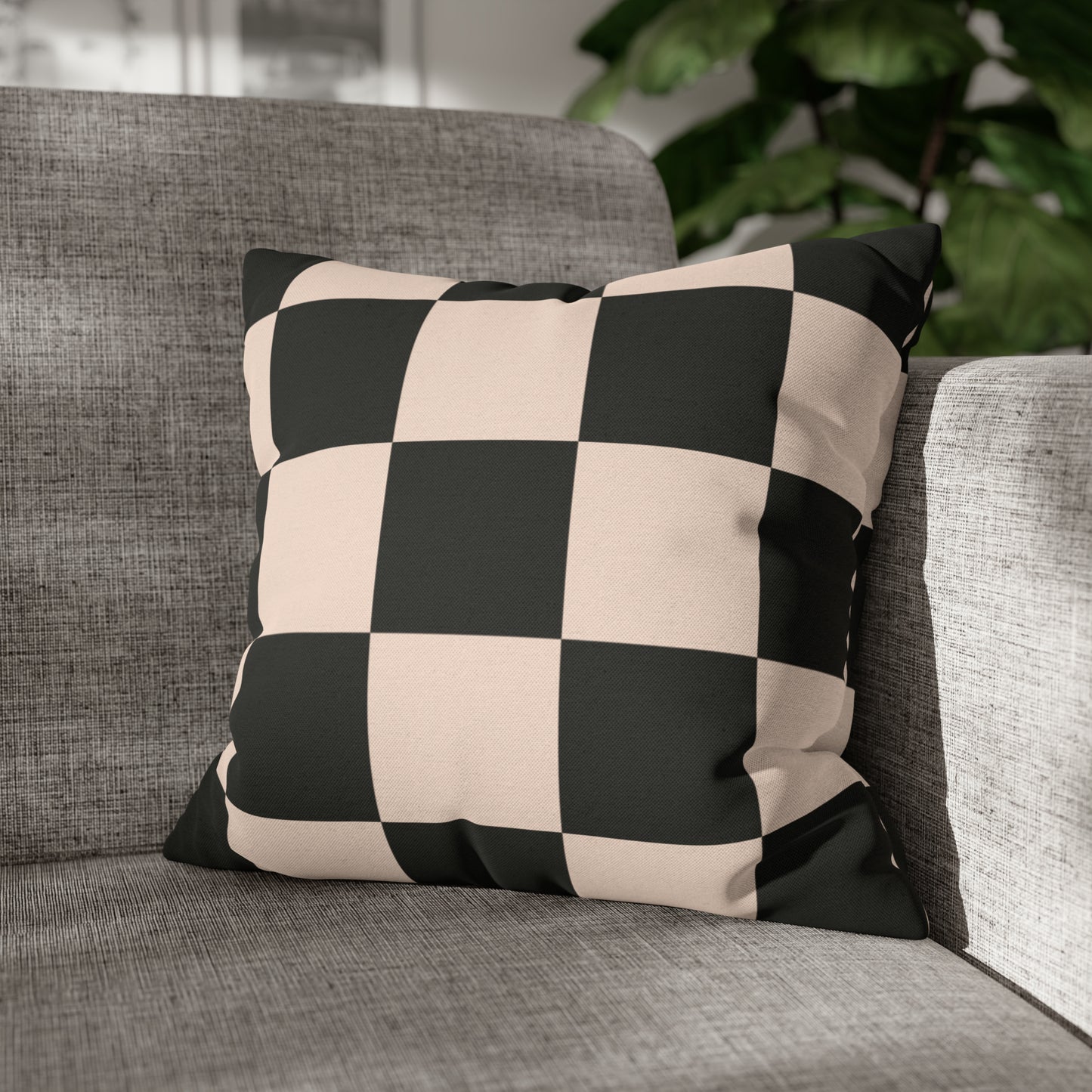 Beige & Black Checkered Square Pillow Cover