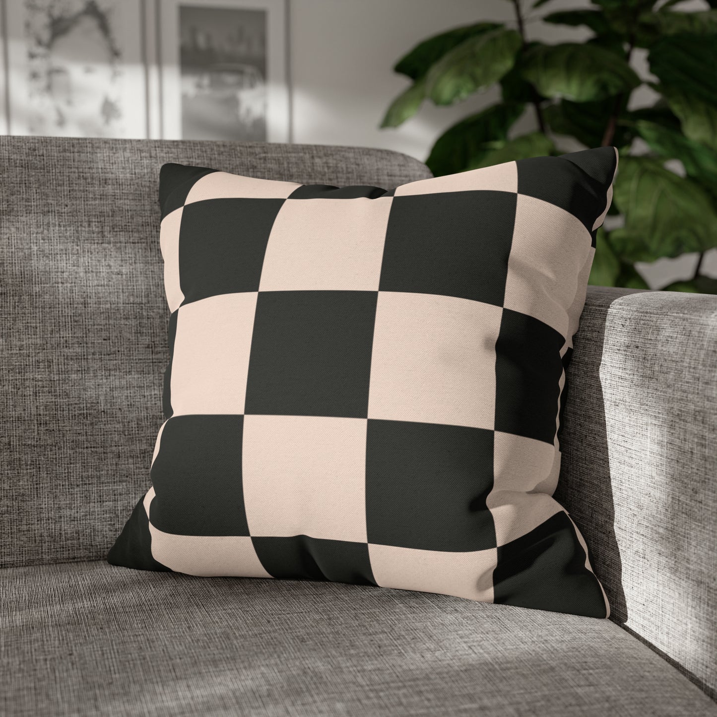 Beige & Black Checkered Square Pillow Cover