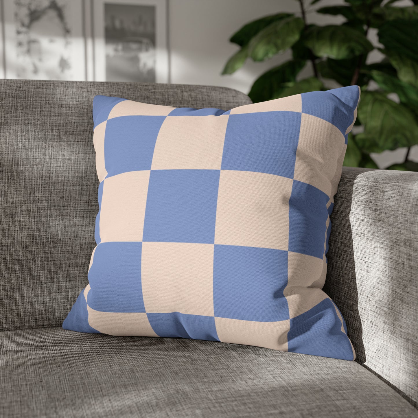 Blue & Beige Checkered Square Pillow Cover