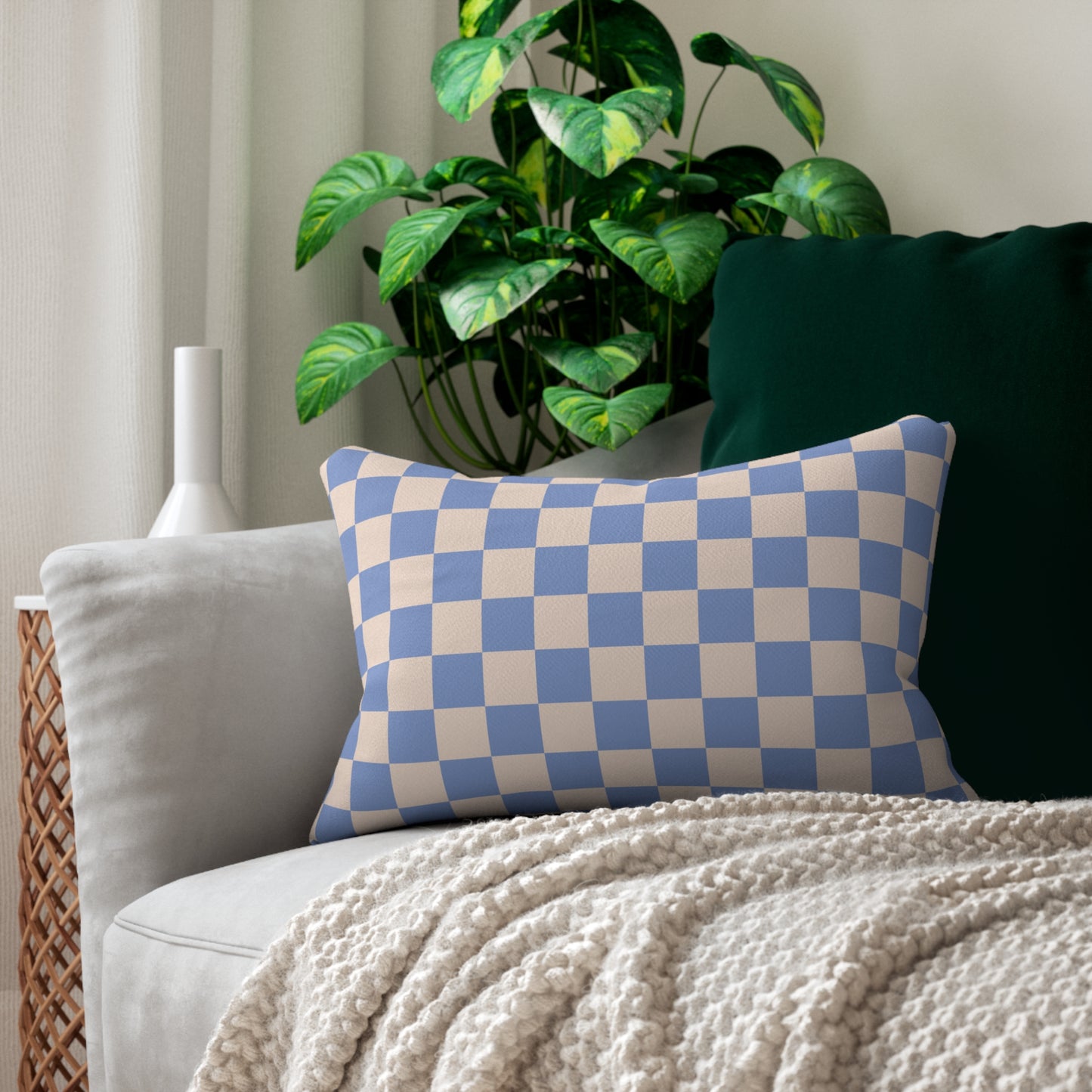 Blue & Beige Checkered Lumbar Pillow