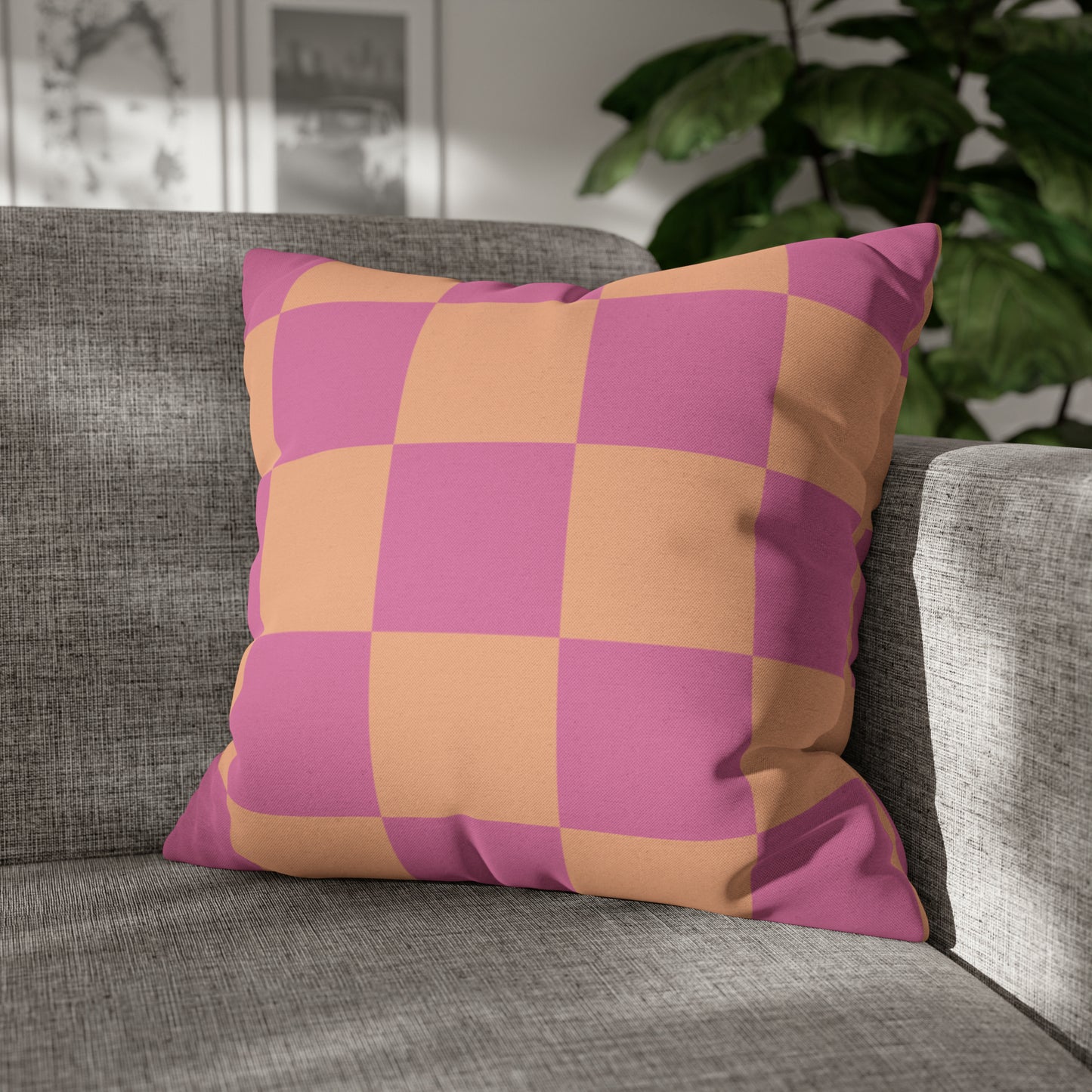 Orange & Pink Checkered Square Pillow Cover