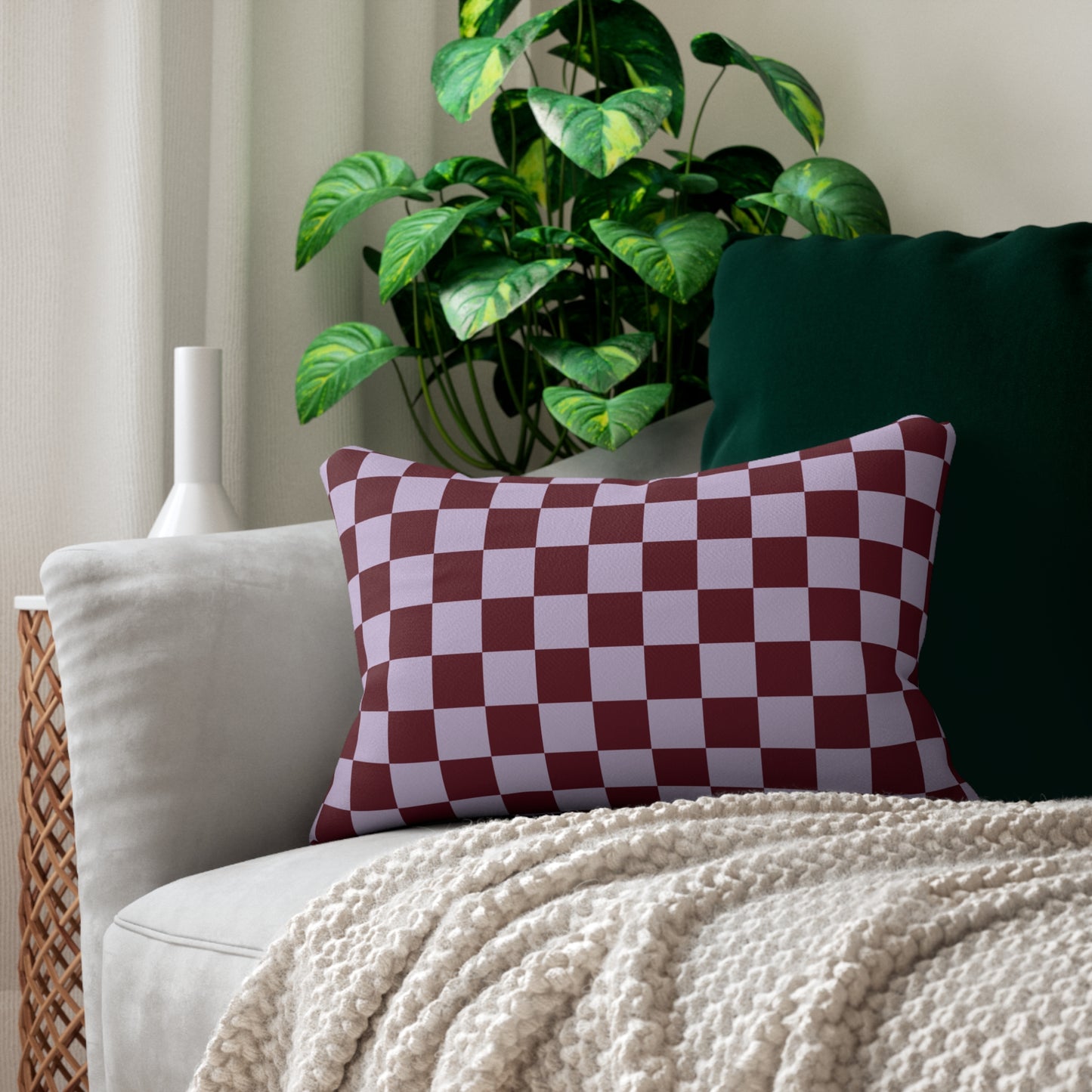 Red & Lavender Checkered Lumbar Pillow