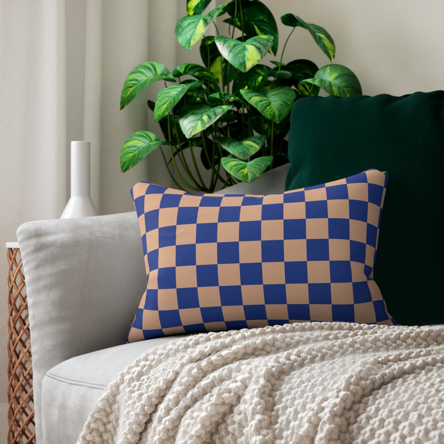 Beige & Blue Checkered Lumbar Pillow