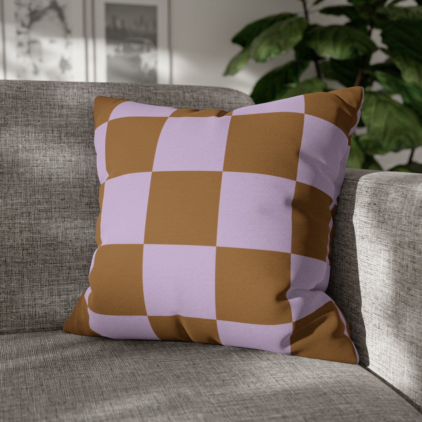 Lavender & Brown Checkered Square Pillow Cover