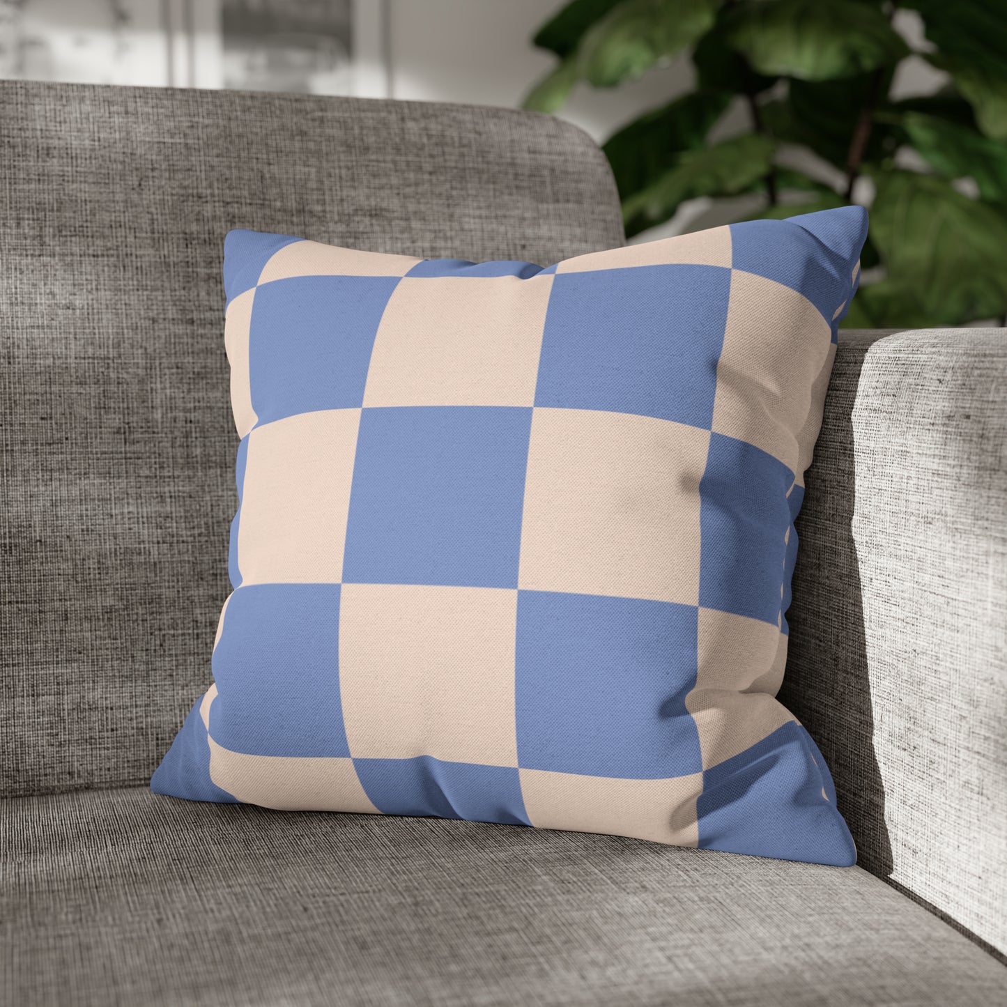 Blue & Beige Checkered Square Pillow Cover